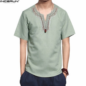 Men Solid Flax Short Sleeve Shirt Embroidery Casual shirt
