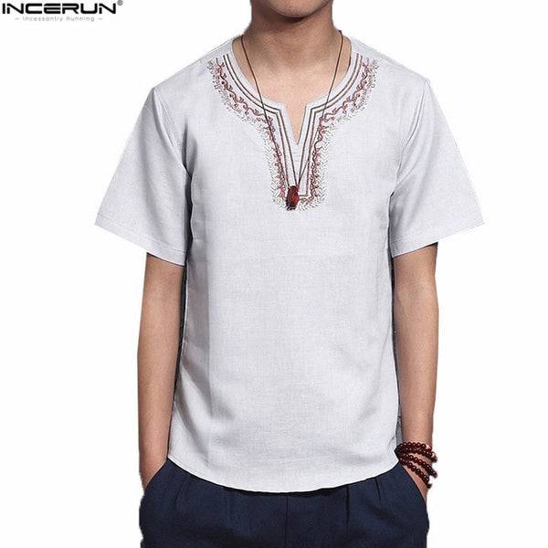 Men Solid Flax Short Sleeve Shirt Embroidery Casual shirt