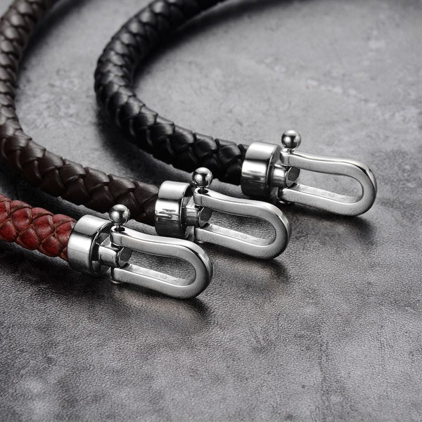 Genuine Braided Leather Men Bracelets 316l Stainless Steel Horseshoe Lobster Clasp
