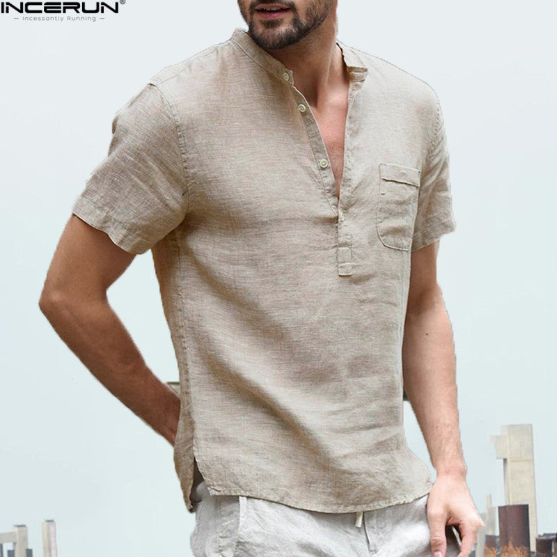 2018 Casual Loose Men's Shirt Fashion Covered Button Short Sleeve
