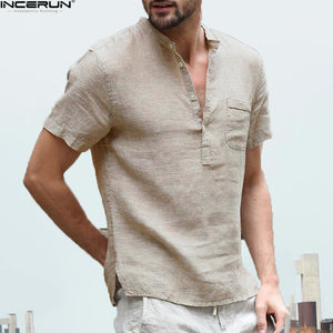 2018 Casual Loose Men's Shirt Fashion Covered Button Short Sleeve