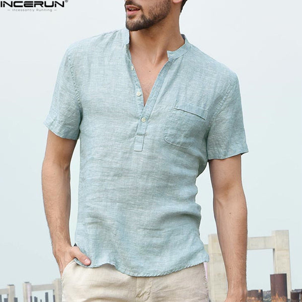 2018 Casual Loose Men's Shirt Fashion Covered Button Short Sleeve