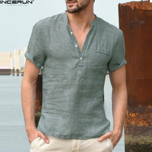 2018 Casual Loose Men's Shirt Fashion Covered Button Short Sleeve