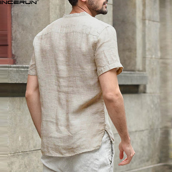 2018 Casual Loose Men's Shirt Fashion Covered Button Short Sleeve