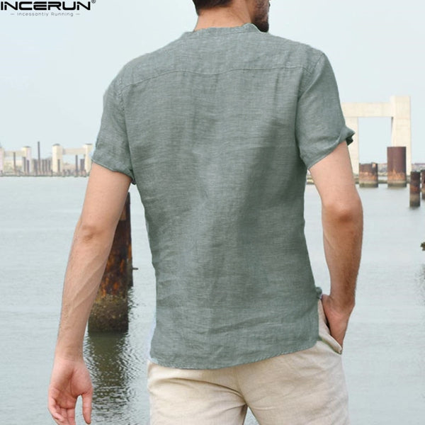 2018 Casual Loose Men's Shirt Fashion Covered Button Short Sleeve