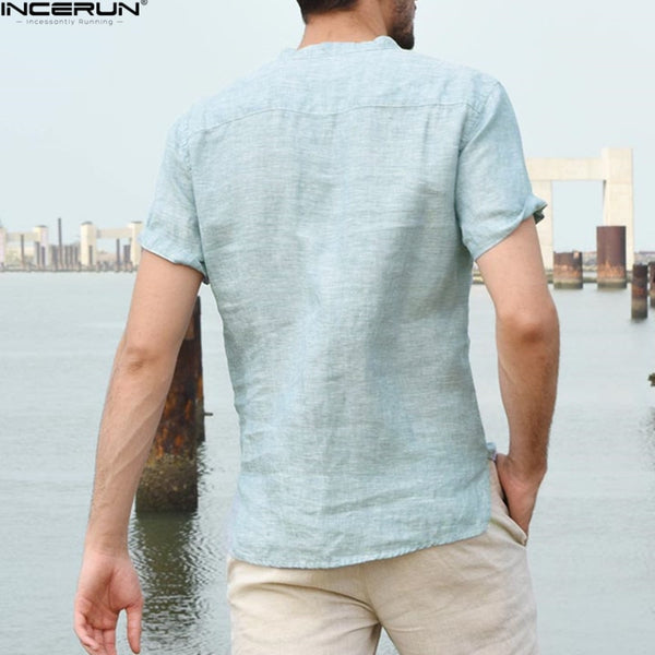 2018 Casual Loose Men's Shirt Fashion Covered Button Short Sleeve
