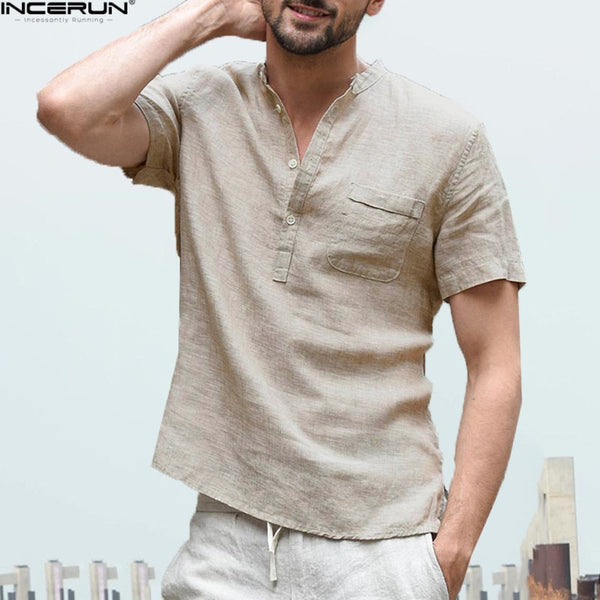 2018 Casual Loose Men's Shirt Fashion Covered Button Short Sleeve