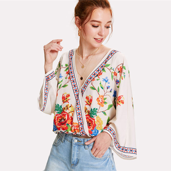 Surplice Neckline Florals Top 2018 Summer V Neck Long Sleeve Print