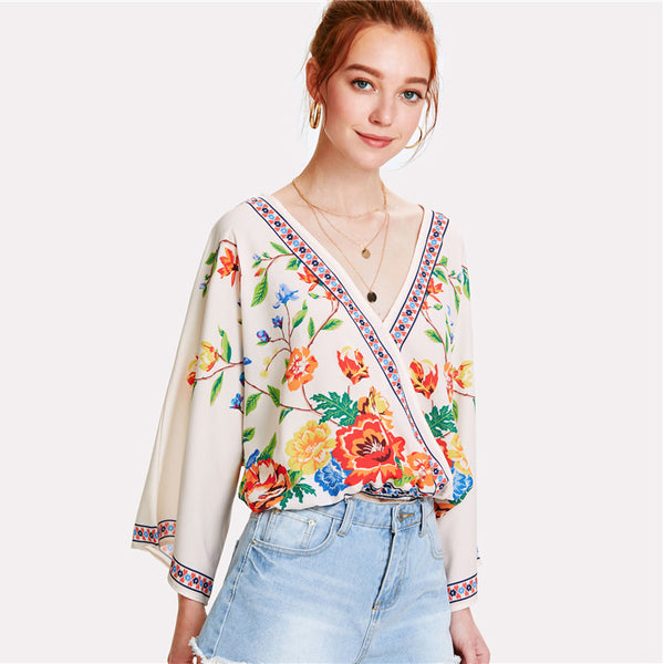 Surplice Neckline Florals Top 2018 Summer V Neck Long Sleeve Print