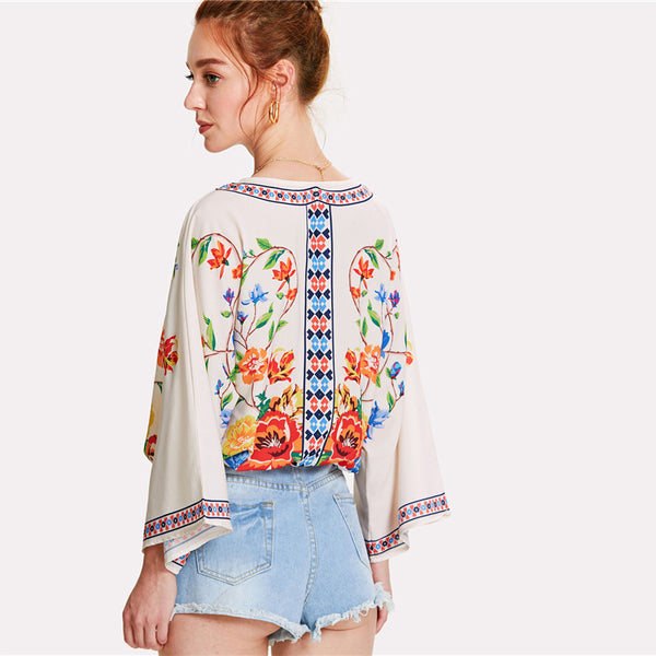 Surplice Neckline Florals Top 2018 Summer V Neck Long Sleeve Print