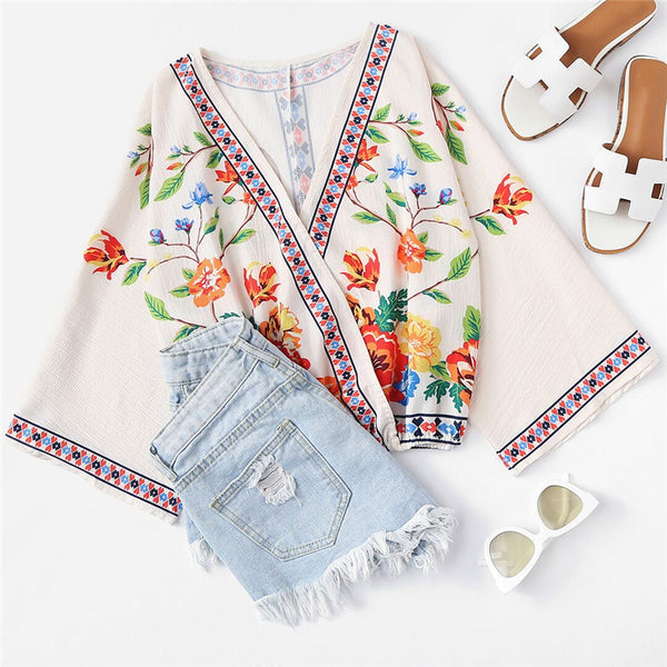 Surplice Neckline Florals Top 2018 Summer V Neck Long Sleeve Print