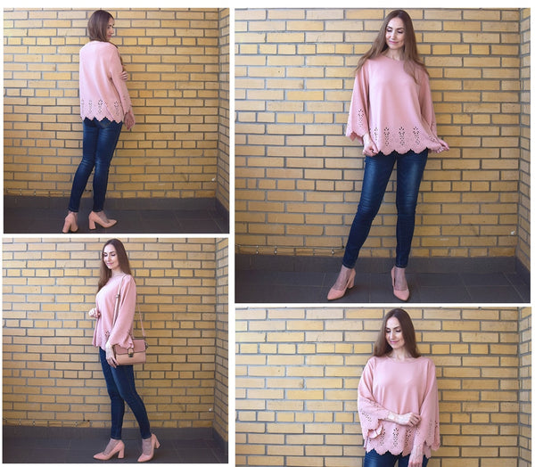 Cut Solid Top 2018 Summer Round Neck Three Quarter Length Flounce Sleeve