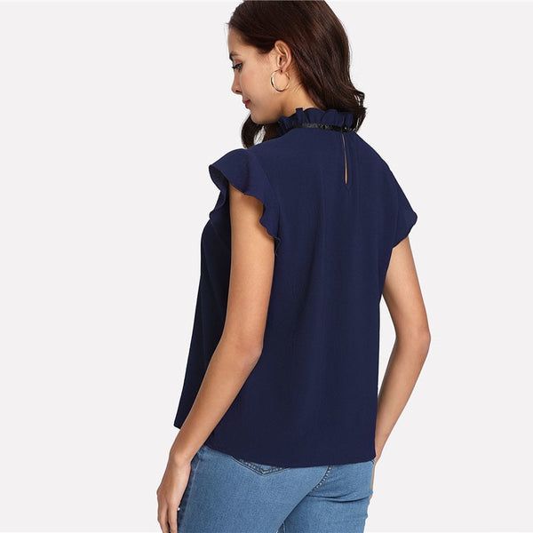 Tied Frilled Neck Button Back Shirt Navy Stand Collar Women Chiffon Blouse