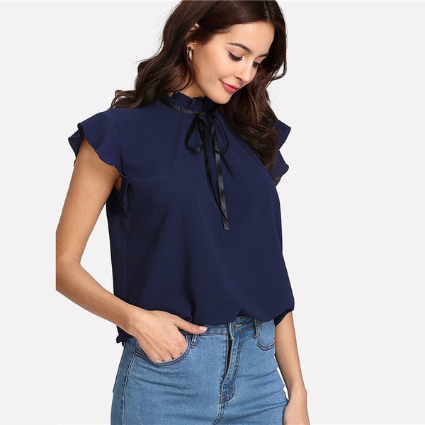 Tied Frilled Neck Button Back Shirt Navy Stand Collar Women Chiffon Blouse