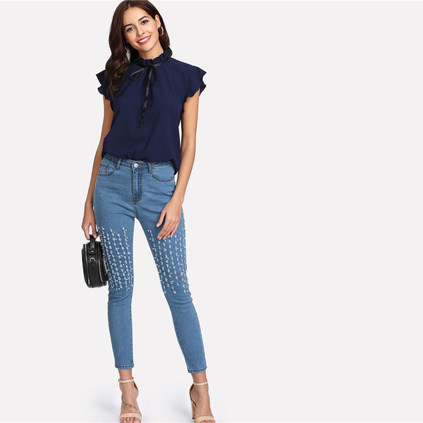 Tied Frilled Neck Button Back Shirt Navy Stand Collar Women Chiffon Blouse