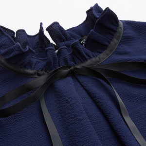 Tied Frilled Neck Button Back Shirt Navy Stand Collar Women Chiffon Blouse