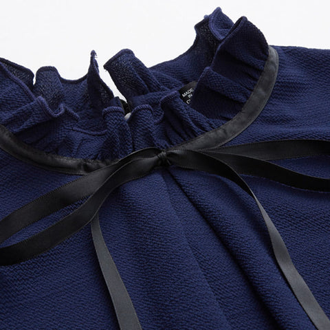 Tied Frilled Neck Button Back Shirt Navy Stand Collar Women Chiffon Blouse