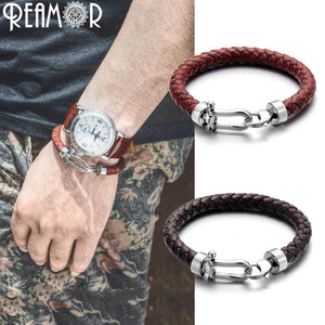 Genuine Braided Leather Men Bracelets 316l Stainless Steel Horseshoe Lobster Clasp