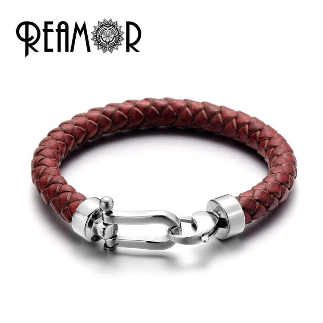 Genuine Braided Leather Men Bracelets 316l Stainless Steel Horseshoe Lobster Clasp