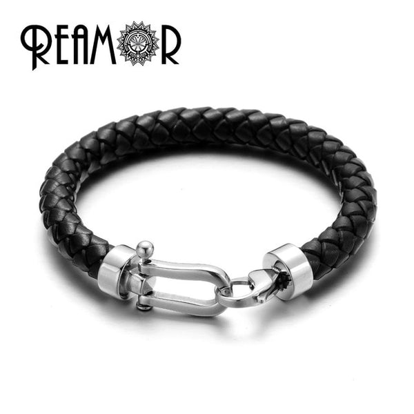 Genuine Braided Leather Men Bracelets 316l Stainless Steel Horseshoe Lobster Clasp