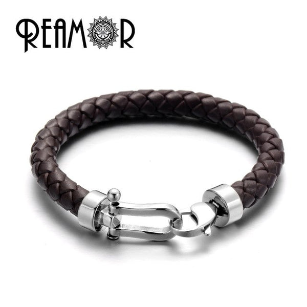 Genuine Braided Leather Men Bracelets 316l Stainless Steel Horseshoe Lobster Clasp