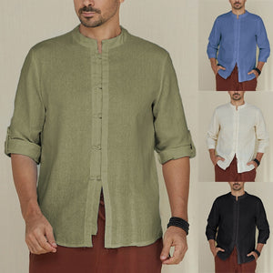 Men's Shirts Cotton Linen 5XL Folded Sleeve Mandarin Collar