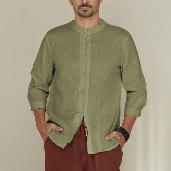 Men's Shirts Cotton Linen 5XL Folded Sleeve Mandarin Collar