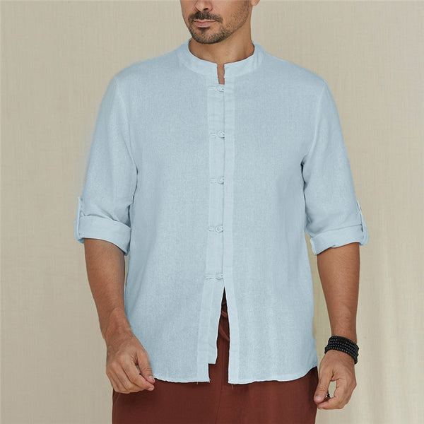 Men's Shirts Cotton Linen 5XL Folded Sleeve Mandarin Collar