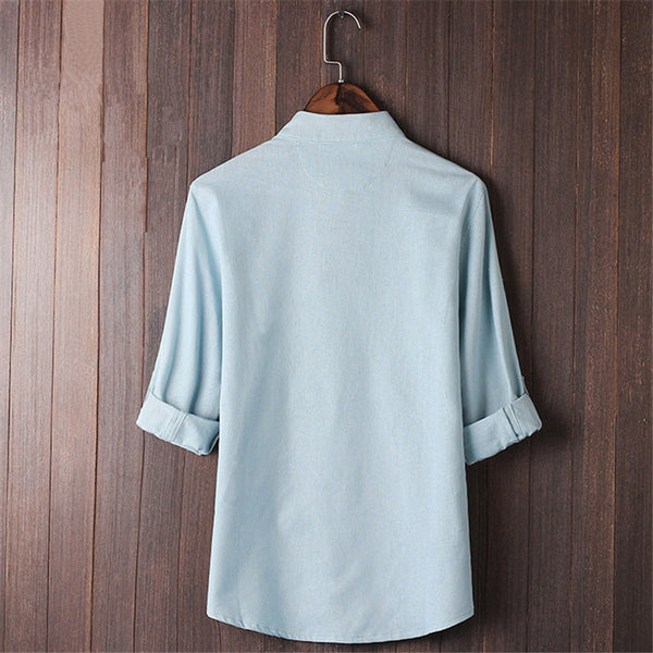 Men's Shirts Cotton Linen 5XL Folded Sleeve Mandarin Collar