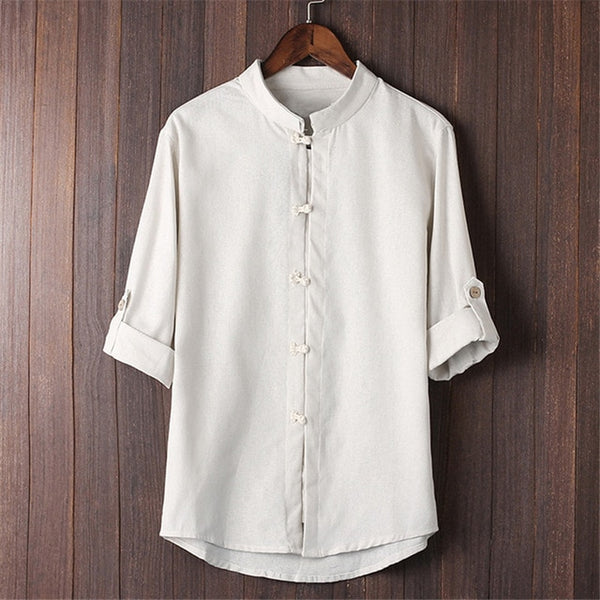 Men's Shirts Cotton Linen 5XL Folded Sleeve Mandarin Collar