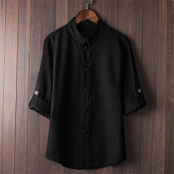 Men's Shirts Cotton Linen 5XL Folded Sleeve Mandarin Collar