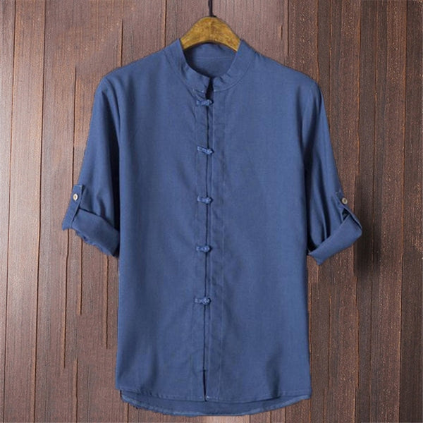 Men's Shirts Cotton Linen 5XL Folded Sleeve Mandarin Collar
