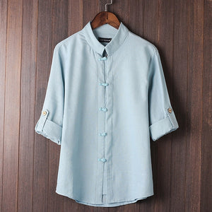Men's Shirts Cotton Linen 5XL Folded Sleeve Mandarin Collar