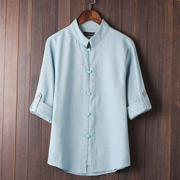 Men's Shirts Cotton Linen 5XL Folded Sleeve Mandarin Collar