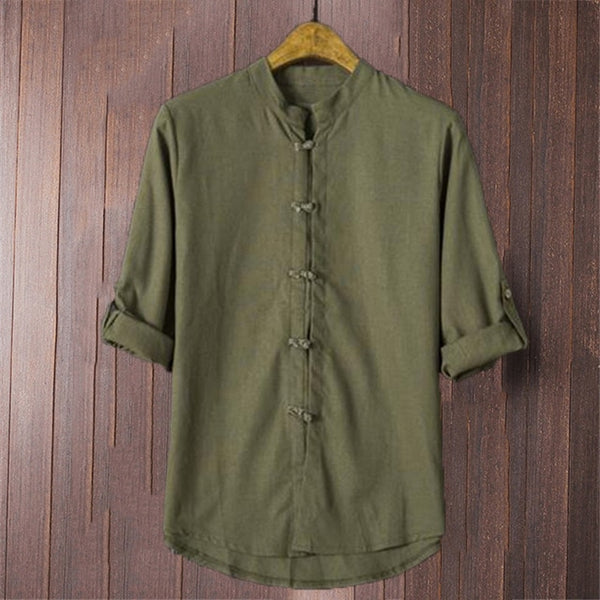 Men's Shirts Cotton Linen 5XL Folded Sleeve Mandarin Collar