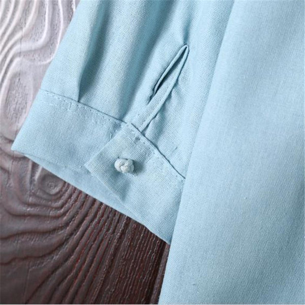 Men's Shirts Cotton Linen 5XL Folded Sleeve Mandarin Collar