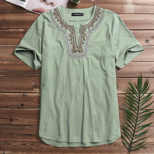 Men Solid Flax Short Sleeve Shirt Embroidery Casual shirt