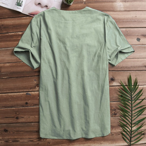 Men Solid Flax Short Sleeve Shirt Embroidery Casual shirt