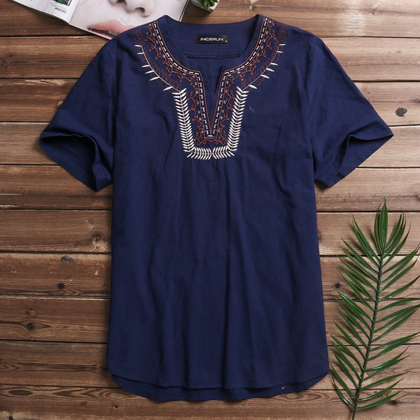 Men Solid Flax Short Sleeve Shirt Embroidery Casual shirt