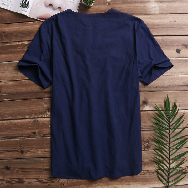 Men Solid Flax Short Sleeve Shirt Embroidery Casual shirt