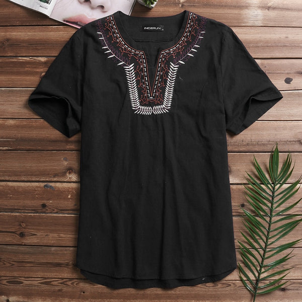 Men Solid Flax Short Sleeve Shirt Embroidery Casual shirt