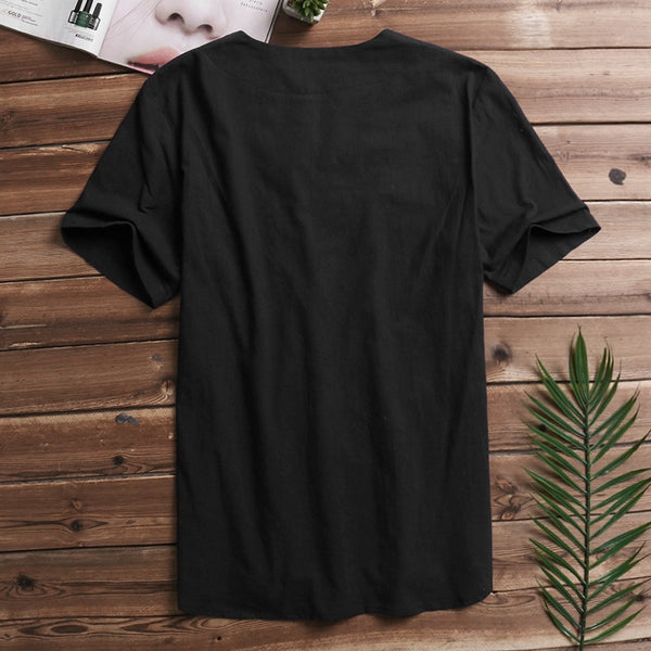 Men Solid Flax Short Sleeve Shirt Embroidery Casual shirt