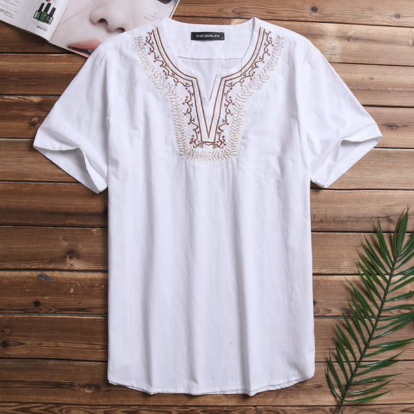 Men Solid Flax Short Sleeve Shirt Embroidery Casual shirt