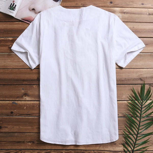 Men Solid Flax Short Sleeve Shirt Embroidery Casual shirt