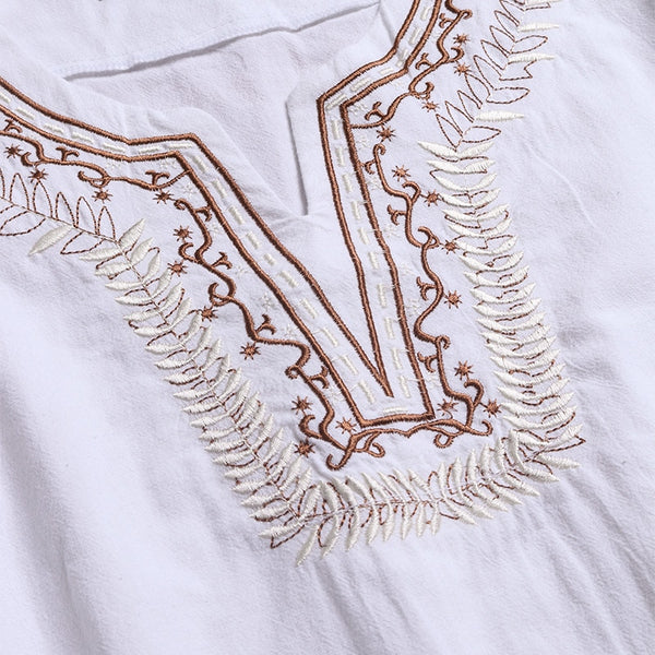 Men Solid Flax Short Sleeve Shirt Embroidery Casual shirt