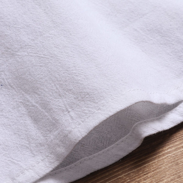 Men Solid Flax Short Sleeve Shirt Embroidery Casual shirt