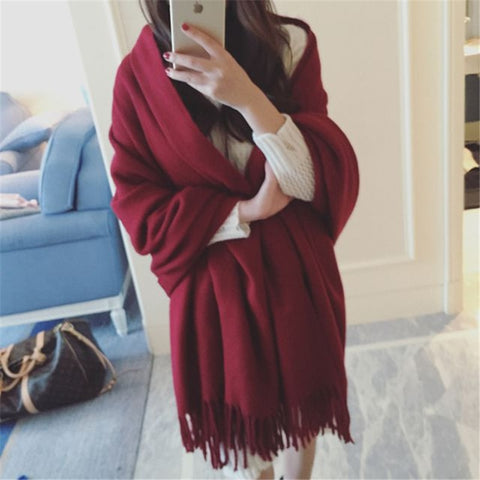Red Scarf Women Large Tippet Winter Tassel Stole