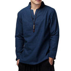 Mens Shirts Dress Cotton Linen Loose Autumn Long Sleeve Shirts V-Neck
