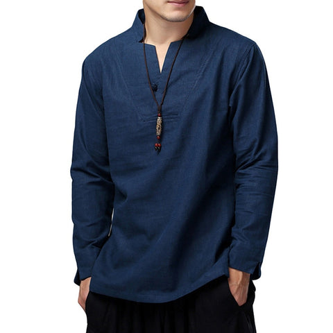 Mens Shirts Dress Cotton Linen Loose Autumn Long Sleeve Shirts V-Neck