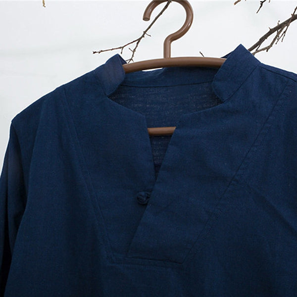 Mens Shirts Dress Cotton Linen Loose Autumn Long Sleeve Shirts V-Neck